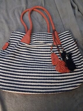 Jessica Simpson Navy and White Striped Tote with Coral Handles